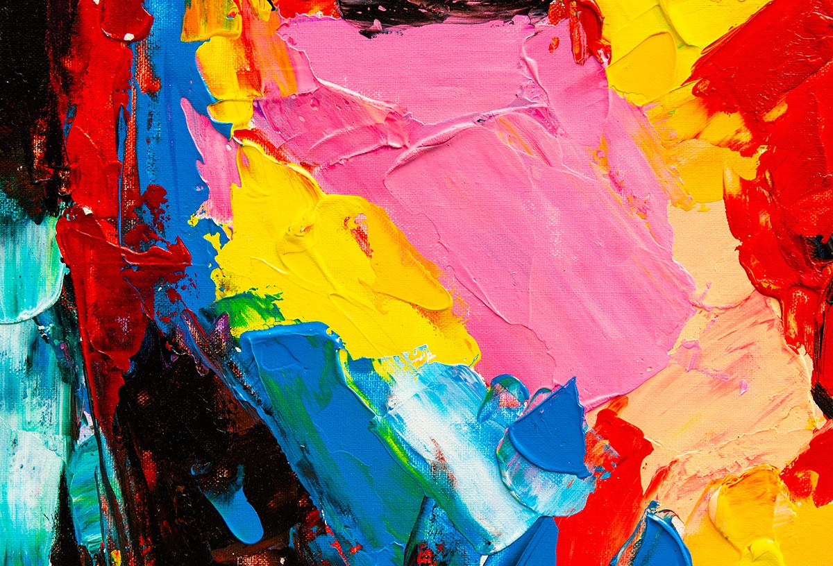 An image of an abstract painting with several colors, including pink, yellow, red, blue, and black.