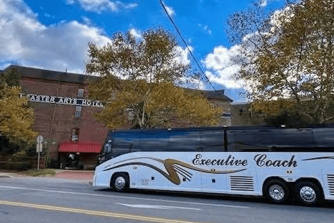 A parked tour bus.